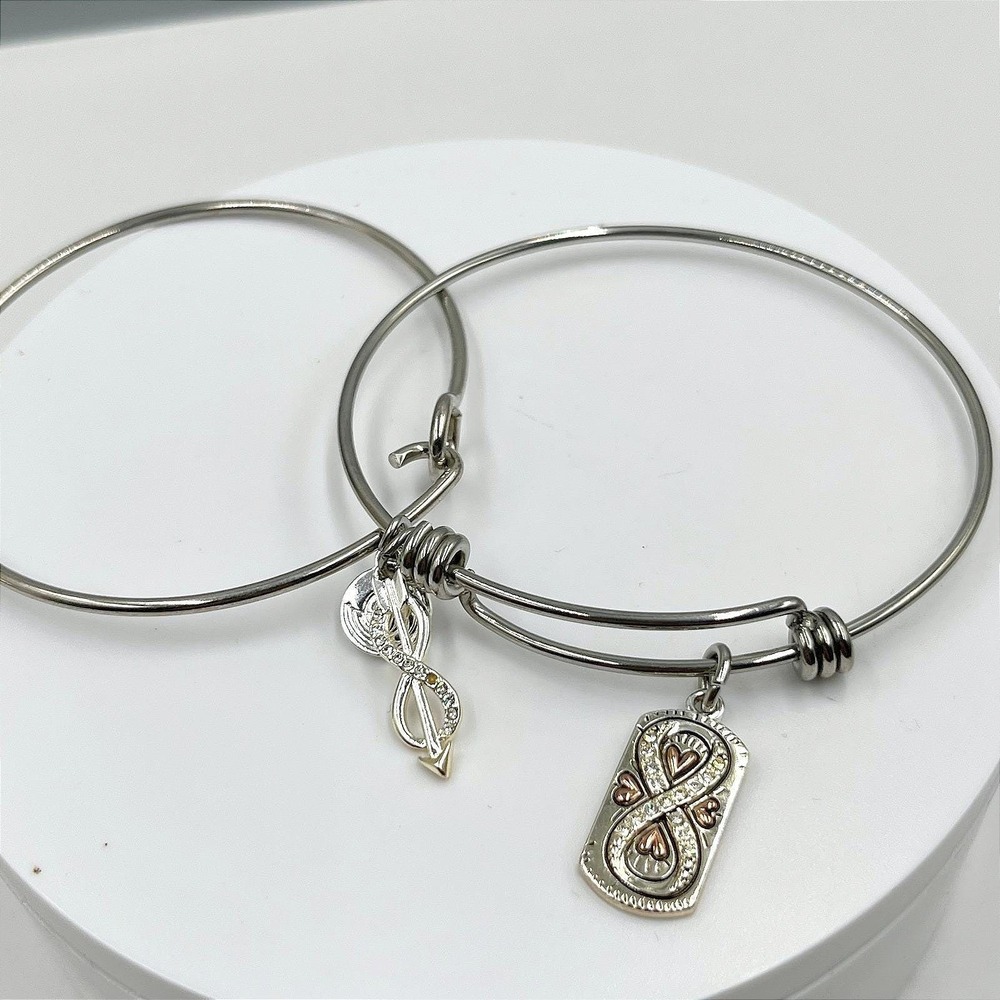 VTG Silver Tone Charm Bangle Bracelet Set Friends Quote Infinity Heart‎ Crystal